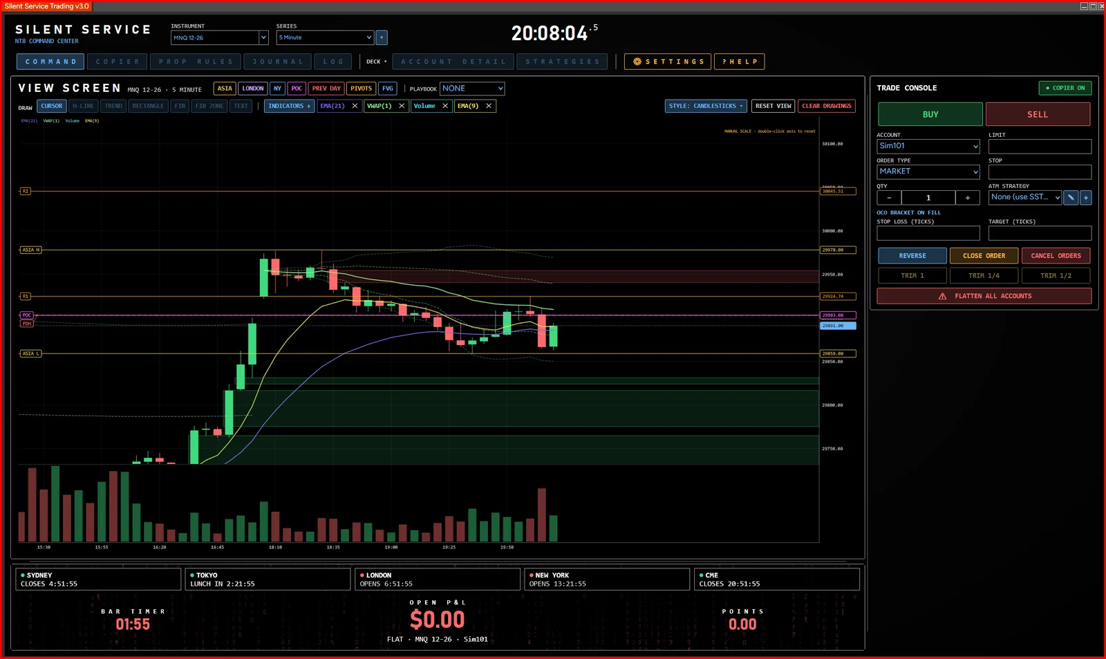 Command Center View Screen: a 5-minute MNQ chart with session, pivot and POC levels beside the Trade Console